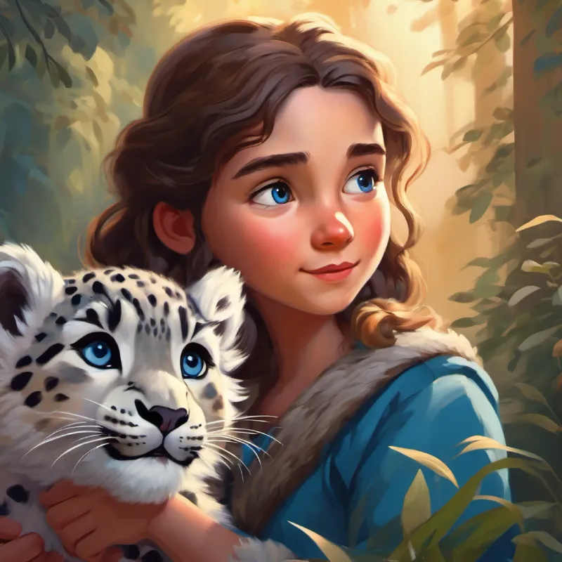 Young girl, brave, inquisitive, brown hair, blue eyes finds a baby snow leopard, first encounter, emotional moment