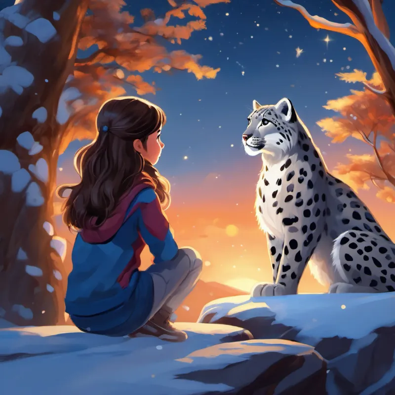 Young girl, brave, inquisitive, brown hair, blue eyes bonds with snow leopard, learns about the mountain, starry night setting