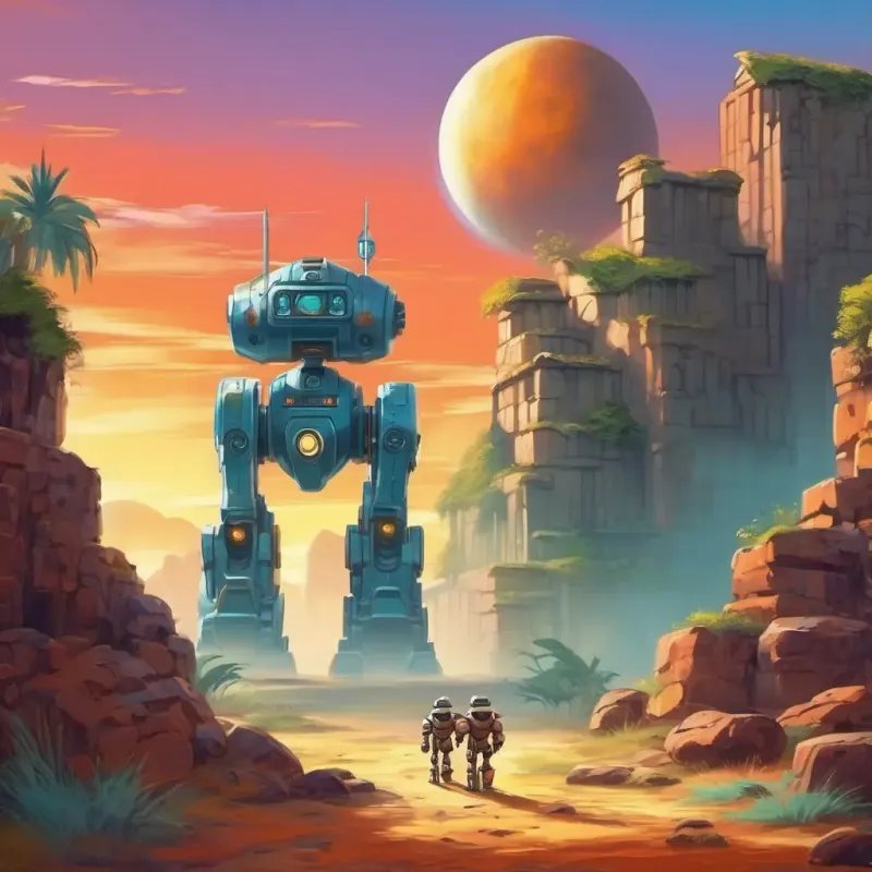 The robots' arrival on the mysterious planet and their exploration of the ancient ruins.