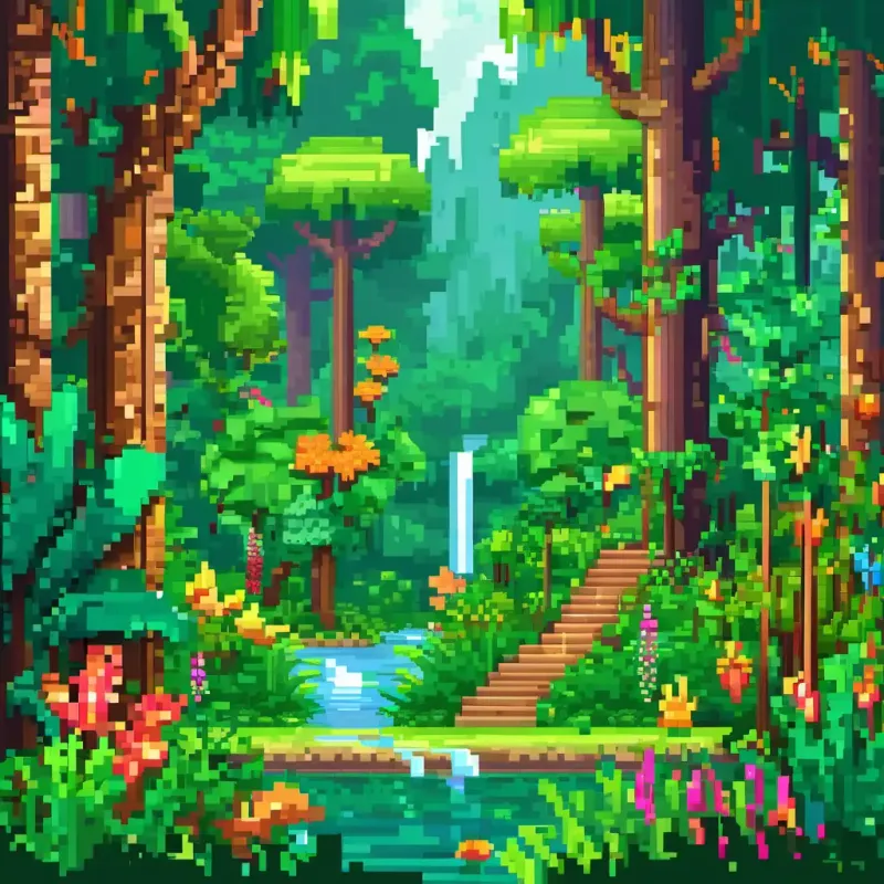 A colorful rainforest with tall trees, lush plants, and animals hiding in the leaves.
