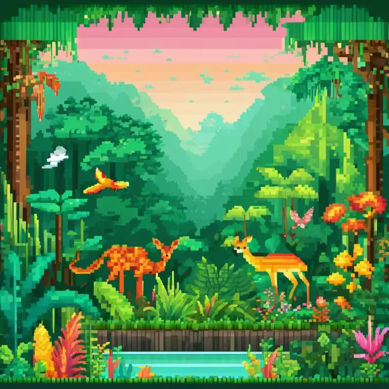 A colorful illustration showing the rainforest layers with different plants and animals in each layer.
