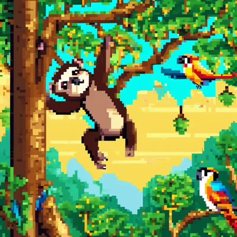 A curious monkey named A small and curious monkey with golden fur and playful brown eyes swinging through the trees, with colorful birds, a sloth, and a jaguar in the background.