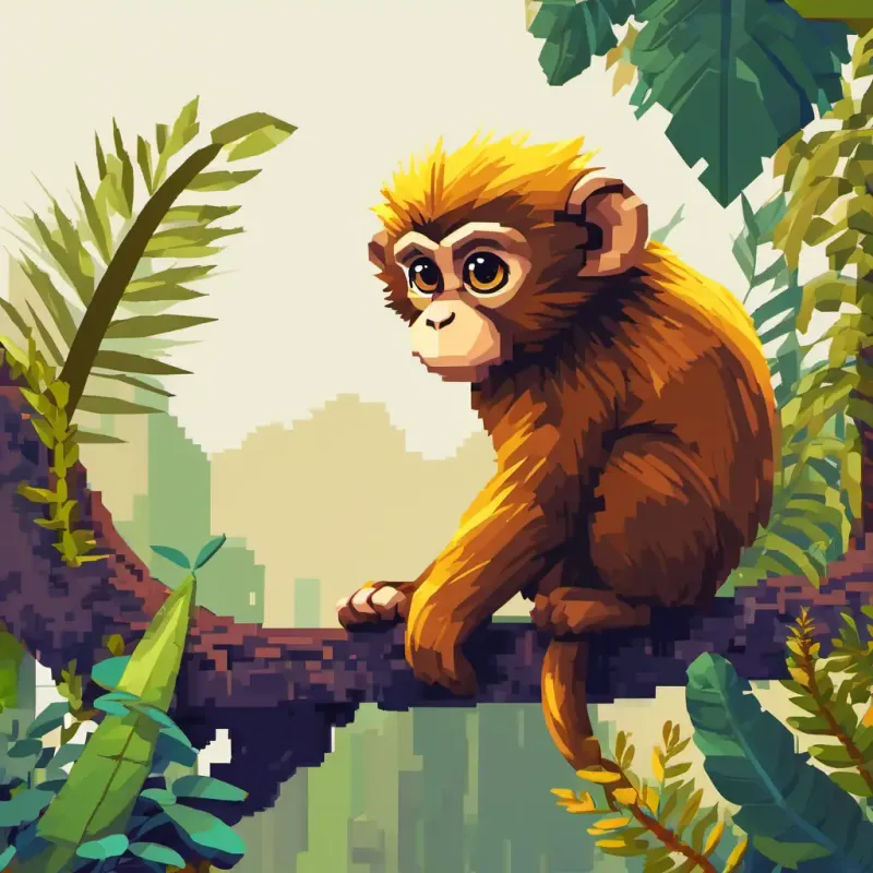 A small and curious monkey with golden fur and playful brown eyes sitting on a branch, surrounded by plants and animals, looking thoughtful.