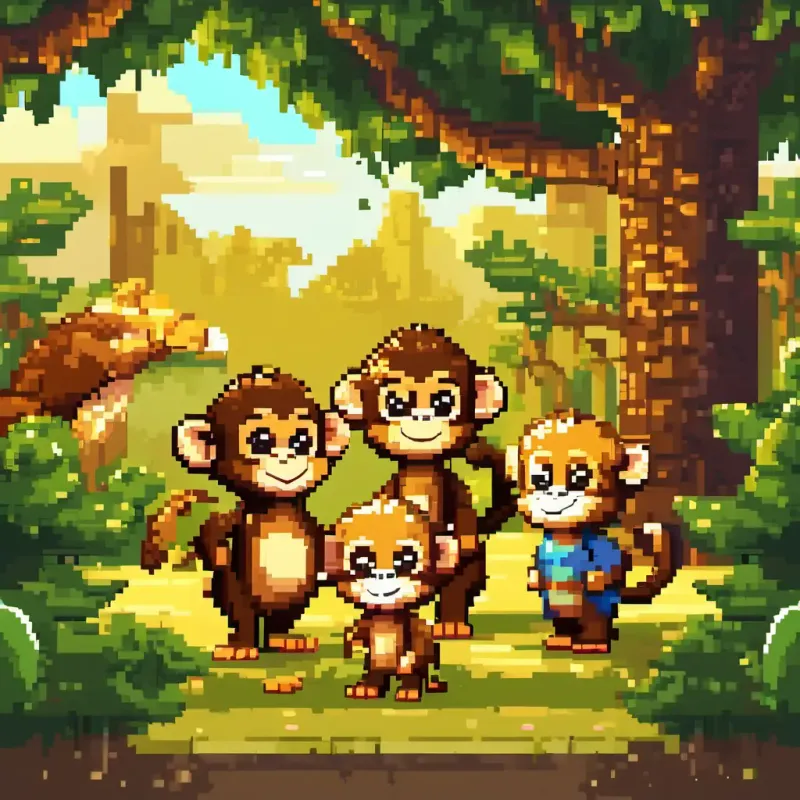 A small and curious monkey with golden fur and playful brown eyes and his friends holding hands, smiling, and looking proud, with trees and animals around them.