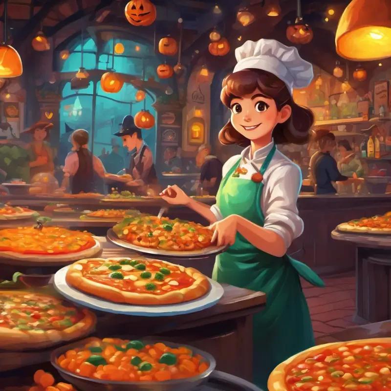 In a busy pizzeria filled with colorful toppings and a cheery chef.