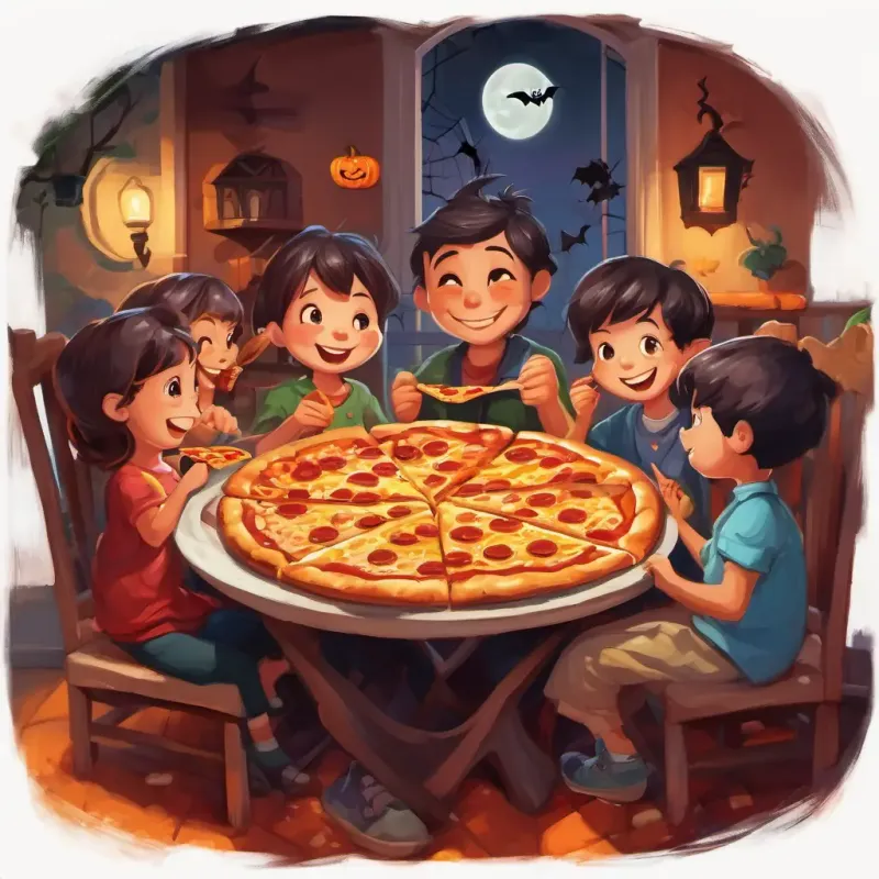 The happy family table with big smiles as they eat the hot, sizzling pizza slices.