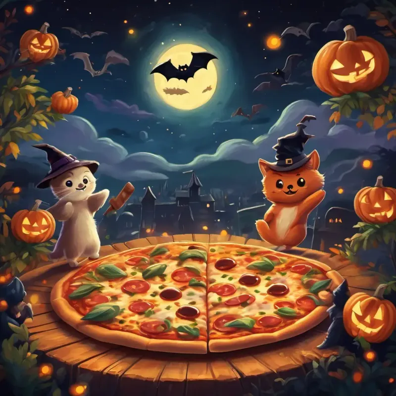 The pizza pals happily zooming into the sky on a moonlit night.