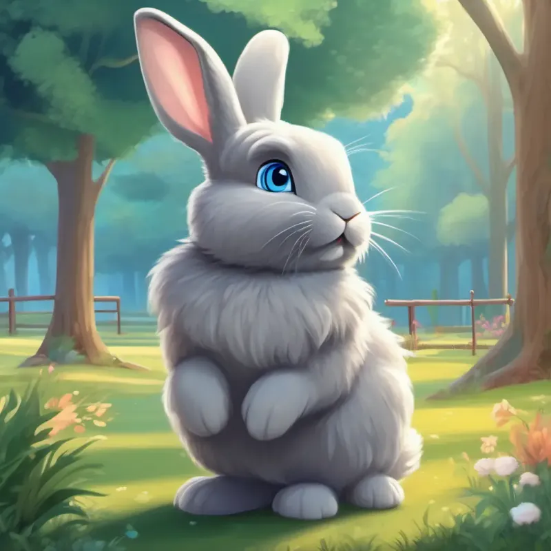 Fluffy grey bunny with big bashful blue eyes at the park, observing other animals play.