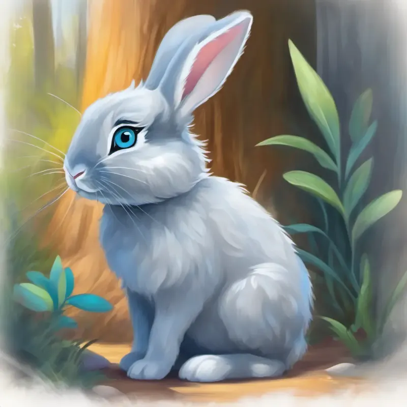 Fluffy grey bunny with big bashful blue eyes reflecting on making new friends.