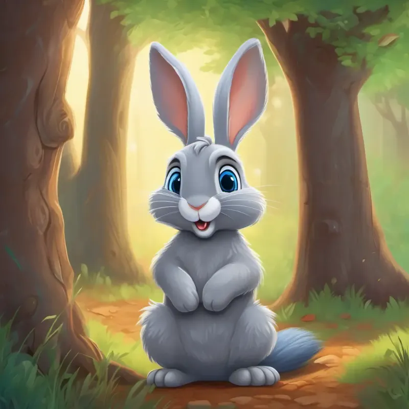 Fluffy grey bunny with big bashful blue eyes hiding behind a tree, envious of playing squirrels.