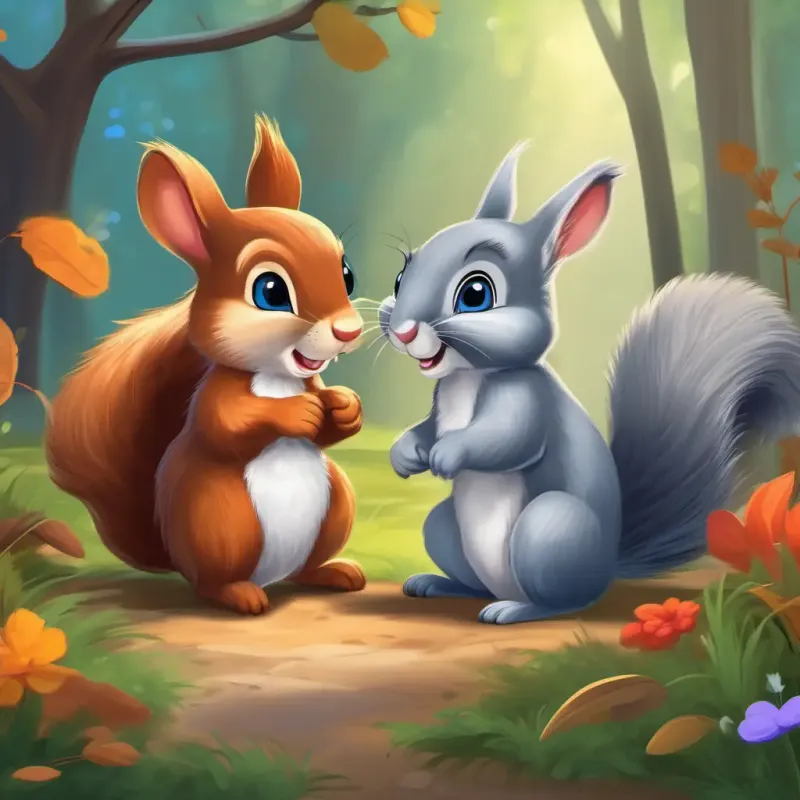Cheerful squirrel, quick and lively the squirrel invites Fluffy grey bunny with big bashful blue eyes to play.
