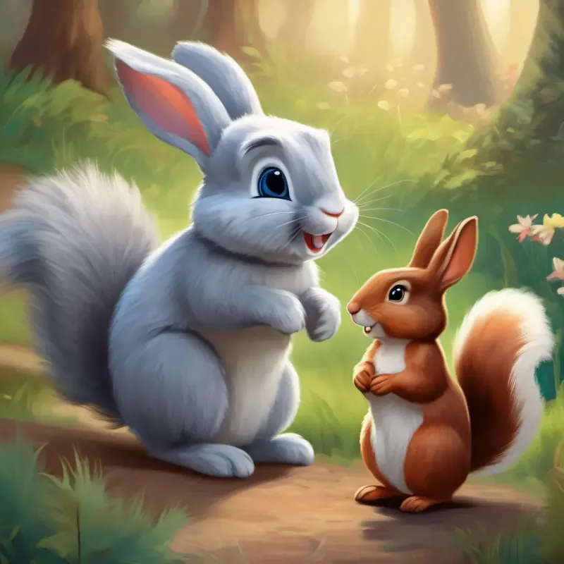 Fluffy grey bunny with big bashful blue eyes nervously introducing himself to Cheerful squirrel, quick and lively.