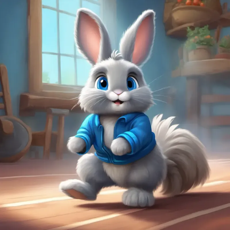 Fluffy grey bunny with big bashful blue eyes starts racing, overcoming his shyness.