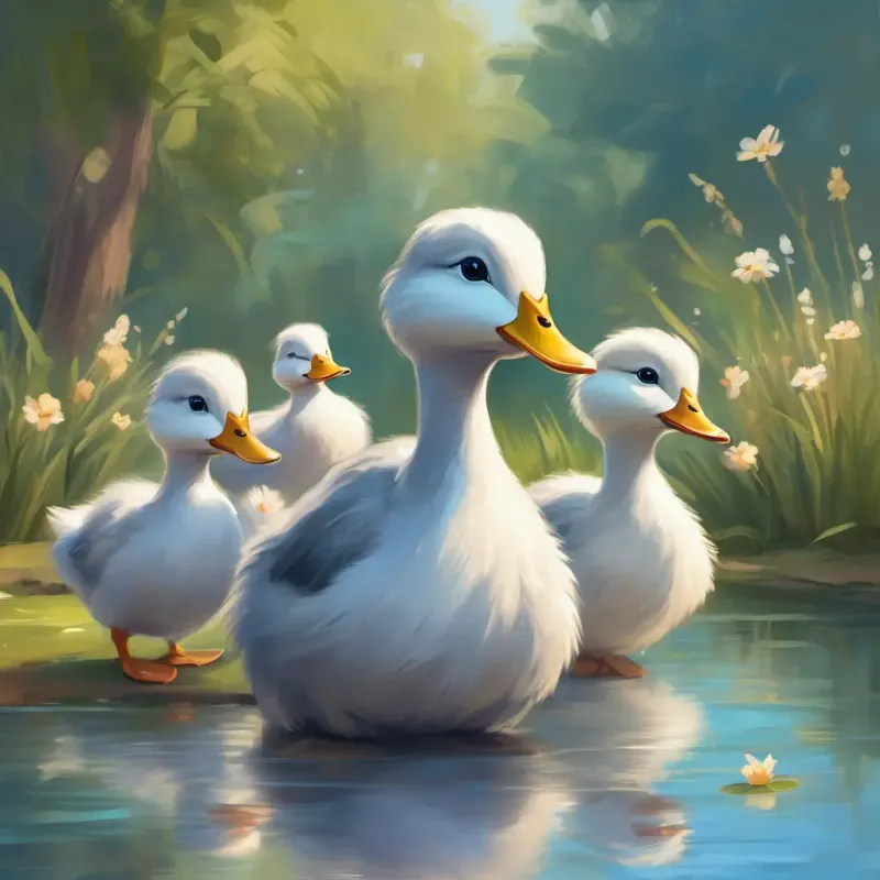 Group of friendly ducks, always smiling at the pond invite Fluffy grey bunny with big bashful blue eyes to play tag.