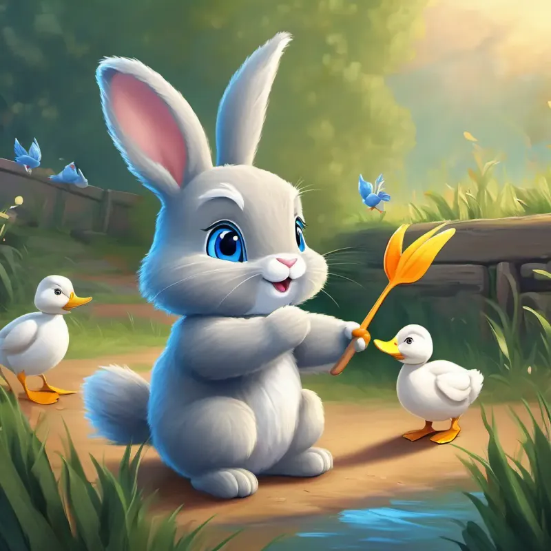Fluffy grey bunny with big bashful blue eyes accepts the ducks' invitation.