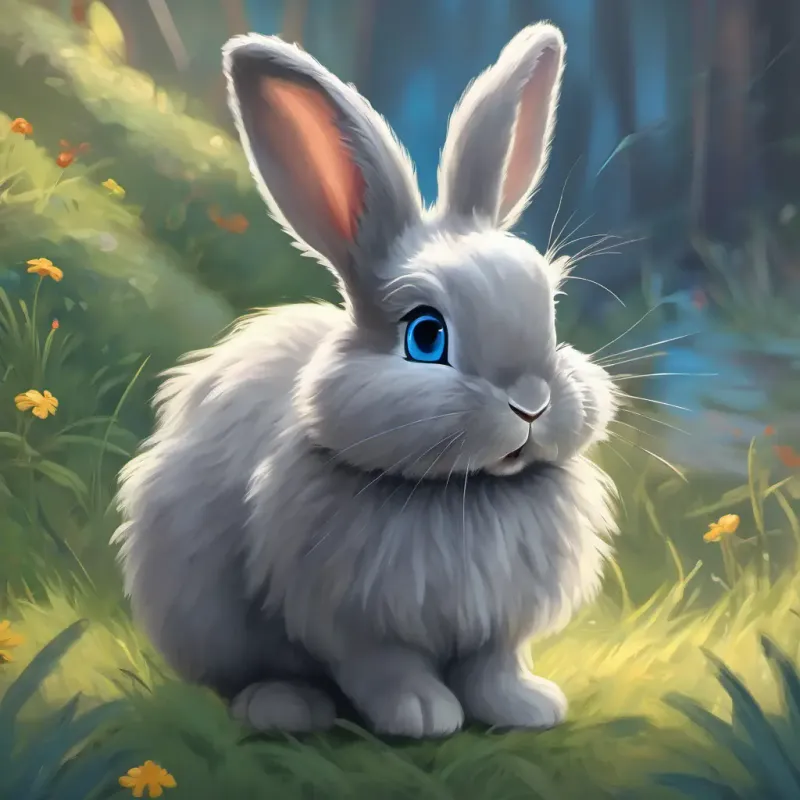 Fluffy grey bunny with big bashful blue eyes having fun, forgetting about his shyness.