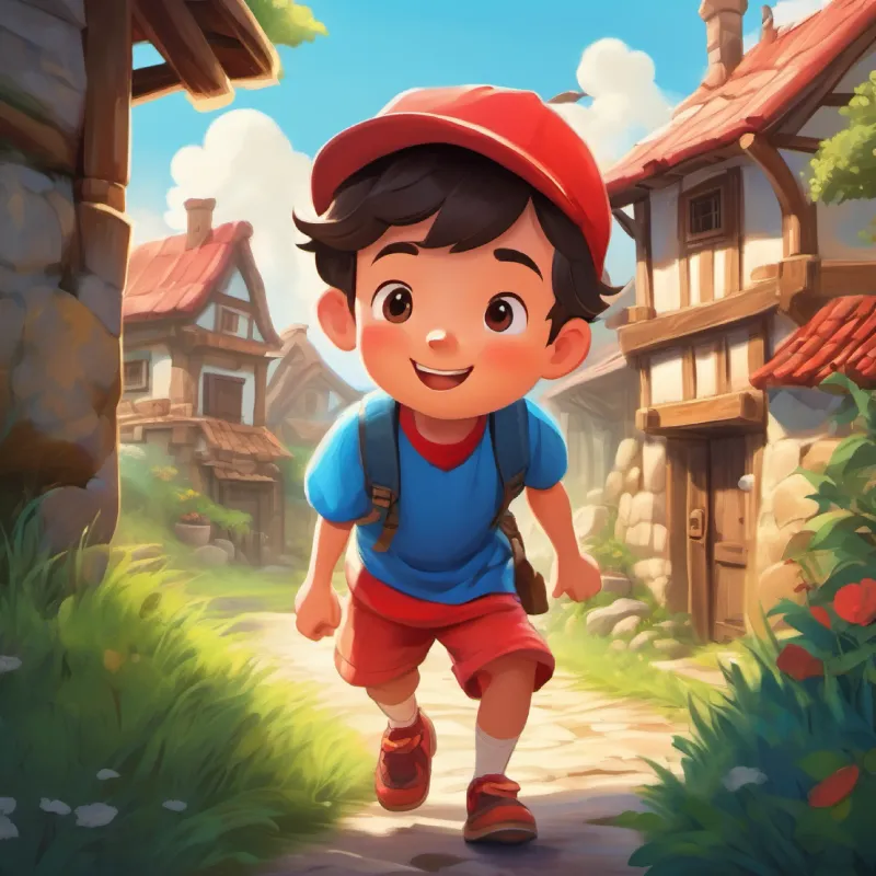 Introduction to Small boy, adventurous, kind, wears a red shirt, blue shorts, setting in a cozy village.