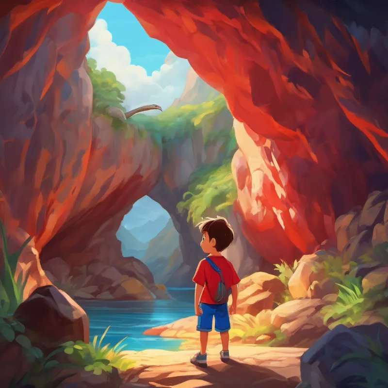 Small boy, adventurous, kind, wears a red shirt, blue shorts discovers a dragon in a cave.