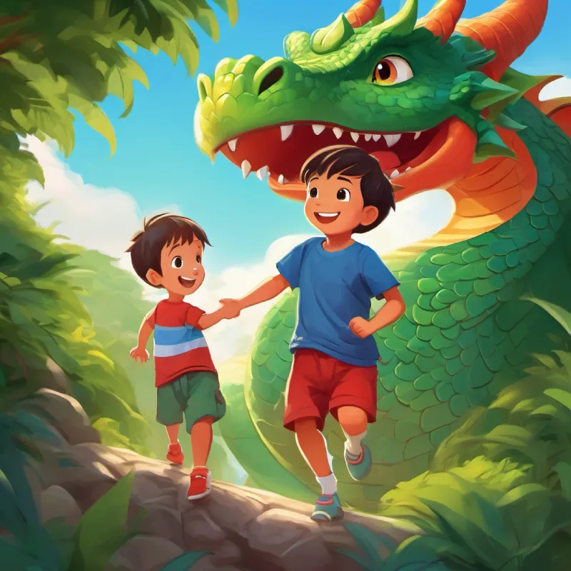 Small boy, adventurous, kind, wears a red shirt, blue shorts meets Big, green dragon, gentle eyes, playful, loves to laugh the dragon, they play tag.