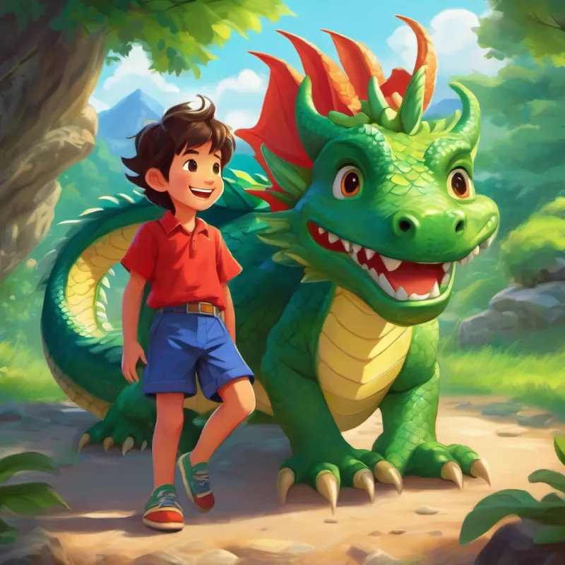 Small boy, adventurous, kind, wears a red shirt, blue shorts and Big, green dragon, gentle eyes, playful, loves to laugh's daily fun activities.