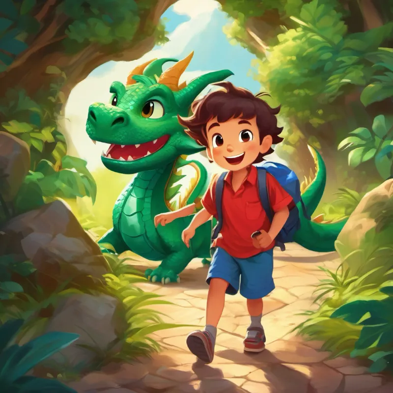 Small boy, adventurous, kind, wears a red shirt, blue shorts and Big, green dragon, gentle eyes, playful, loves to laugh embark on a treasure hunt.