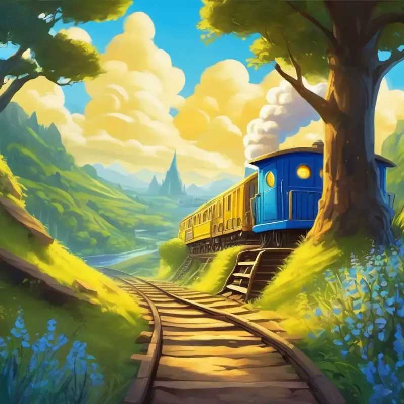 Introduction to the magical land and A playful blue train with bright yellow eyes's adventurous nature, setting the scene for the story