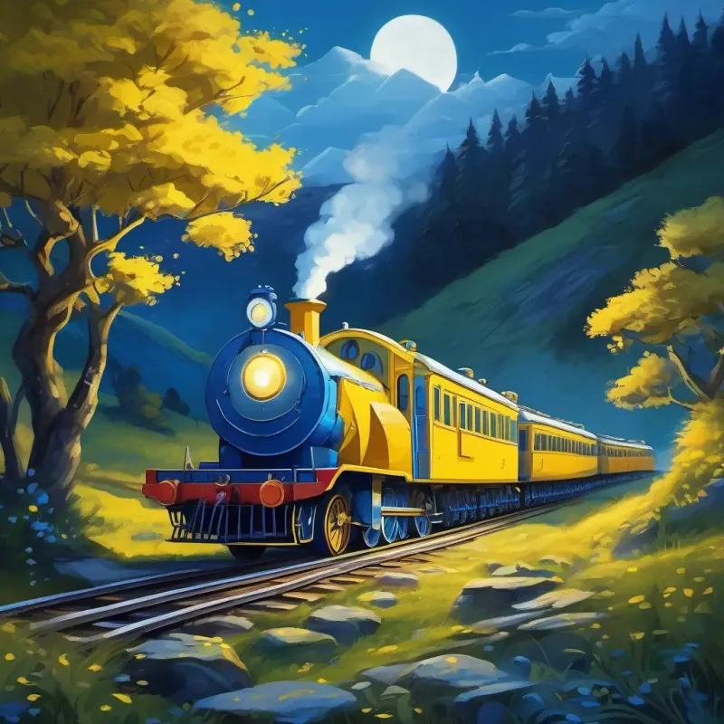 A playful blue train with bright yellow eyes's decision to embark on a special night-time adventure, highlighting the mystery of the hidden valley