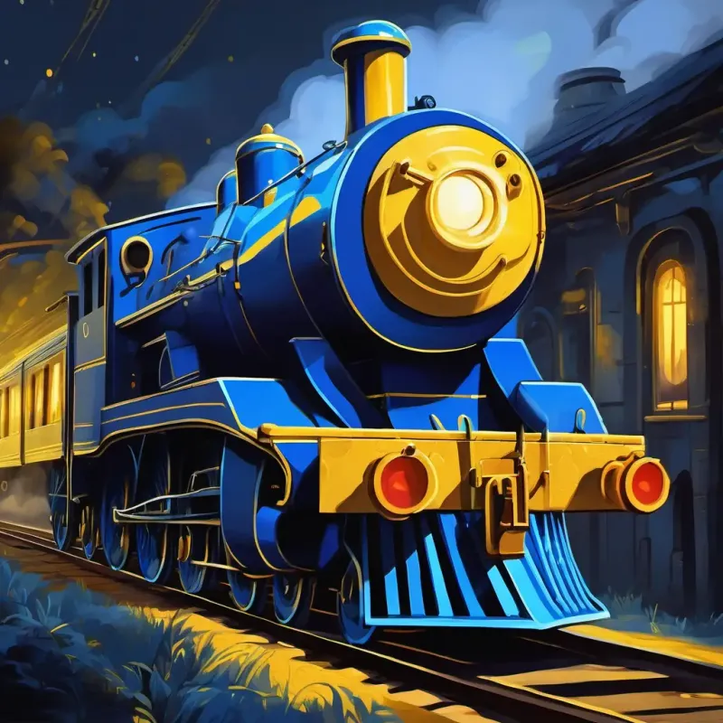 A playful blue train with bright yellow eyes faces challenges in the dark, highlighting his bravery and cleverness