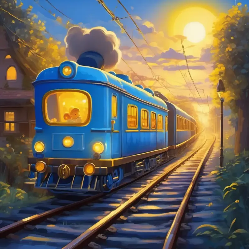 A playful blue train with bright yellow eyes learns about friendship, teamwork, and the importance of a good night's rest during his adventure