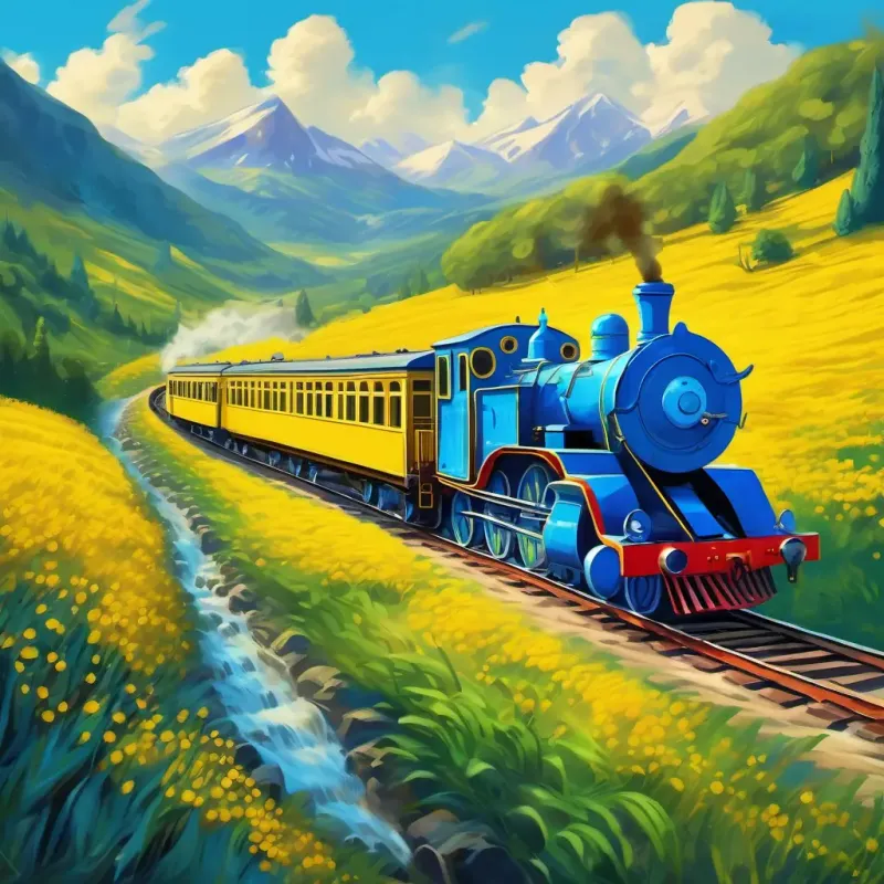 A playful blue train with bright yellow eyes reaches the hidden valley and is amazed by the extraordinary gathering