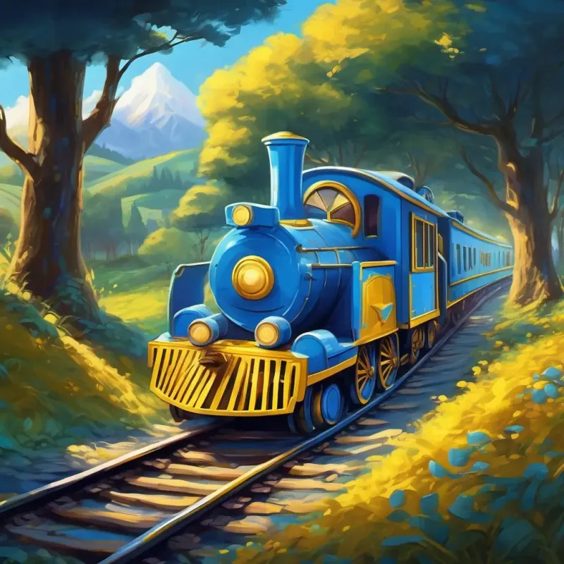 A playful blue train with bright yellow eyes's adventure ends, and he returns home with wonderful memories
