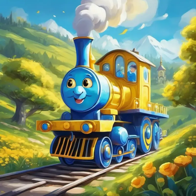 A playful blue train with bright yellow eyes's bravery and adventurous spirit are celebrated in the magical land
