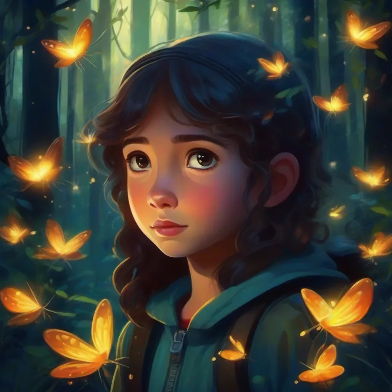 Brave girl with adventurous spirit and determination in the enchanted forest, dark colors, fireflies