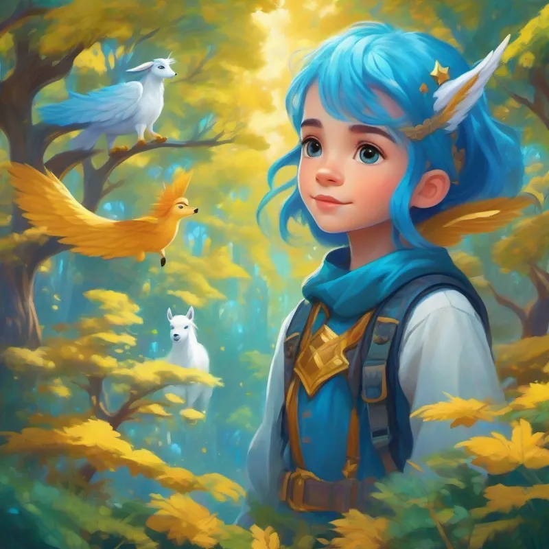 Brave girl with adventurous spirit and determination and Mischievous sprite with blue hair and golden wings with talking trees and magical unicorns