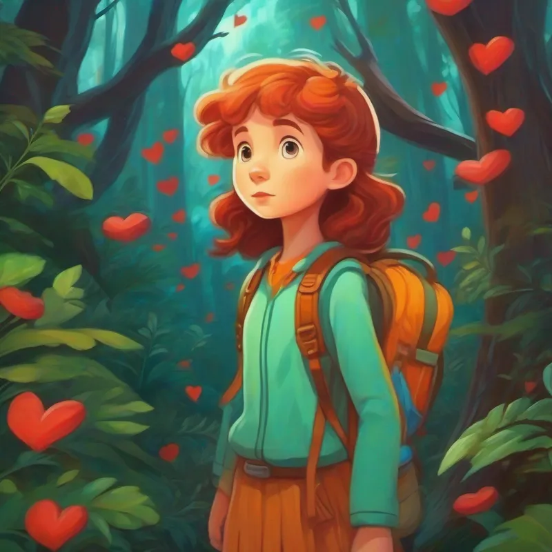 Brave girl with adventurous spirit and determination finding the heart of the forest, sense of wonder