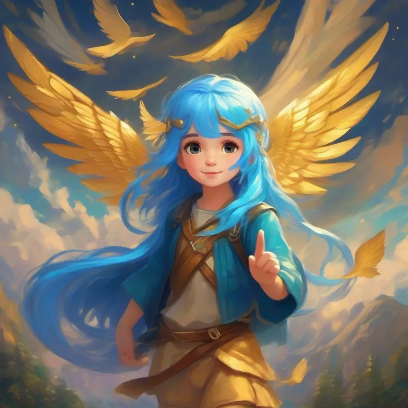 Brave girl with adventurous spirit and determination and Mischievous sprite with blue hair and golden wings saying goodbye, magical memories