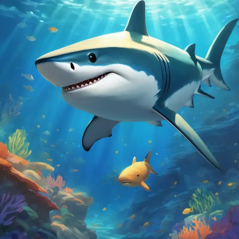 Introduction to the story, underwater setting, introduction of Friendly blue shark with a white belly, bright smile and a superhero cape