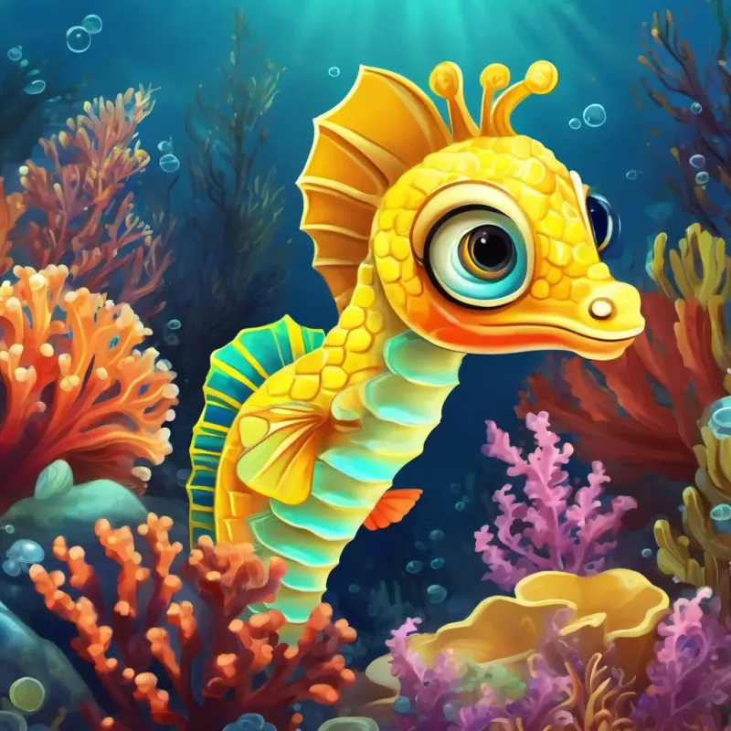 Coral reef setting, introduction of Small yellow seahorse with big eyes and a cheerful personality the seahorse