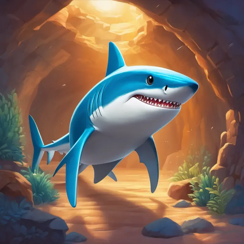 Building up to the storm, Friendly blue shark with a white belly, bright smile and a superhero cape's bravery, setting of the safe cave