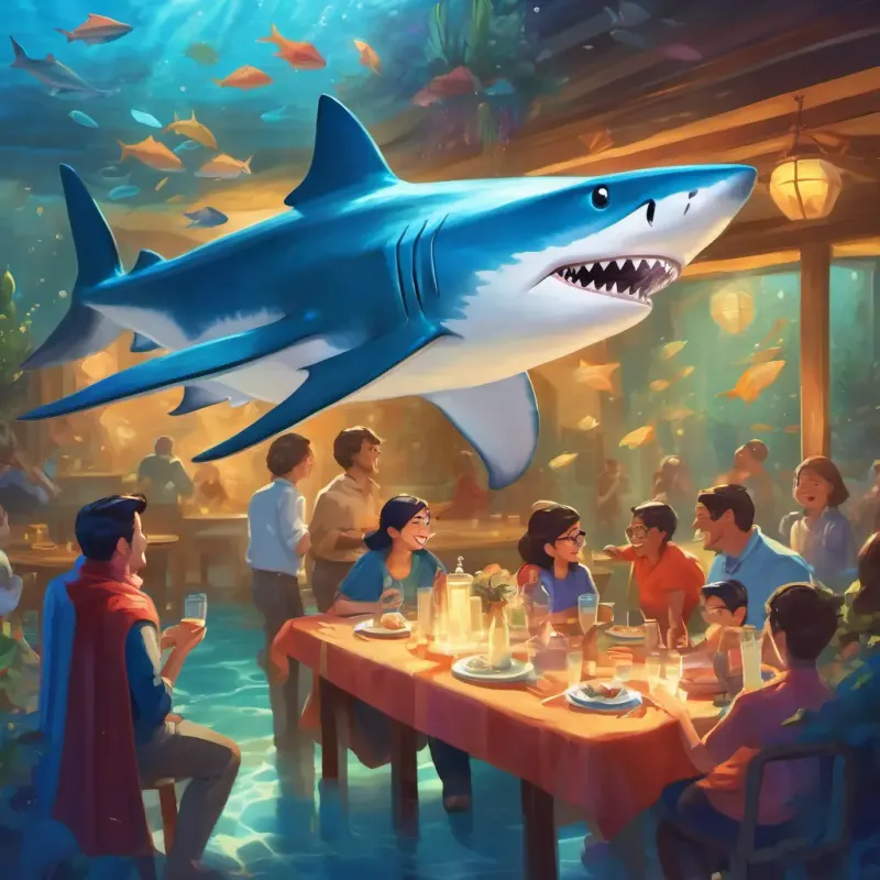 Celebration, friends thanking Friendly blue shark with a white belly, bright smile and a superhero cape, underwater party setting