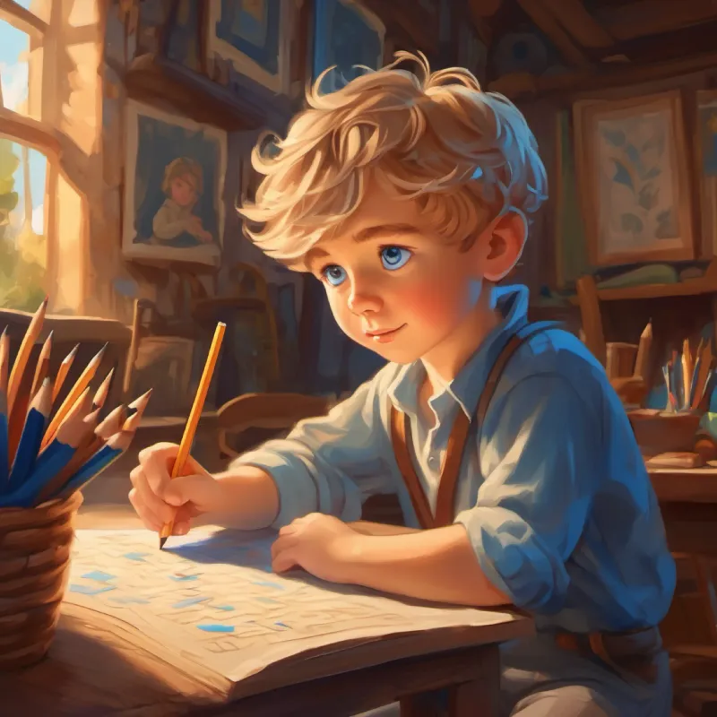 Young boy with sandy hair and big blue eyes, always curious discovers the pencil's magic with dancing letters.