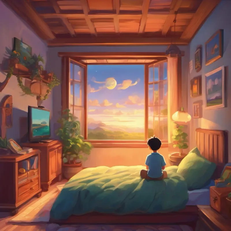 Introducing boy dreaming of travel, in bedroom