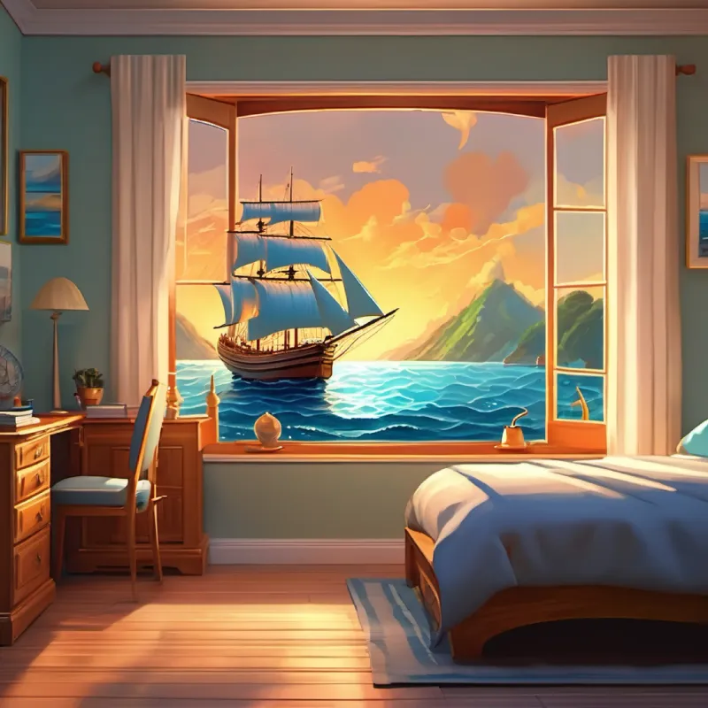 Fantasizing sailing the sea, in bedroom