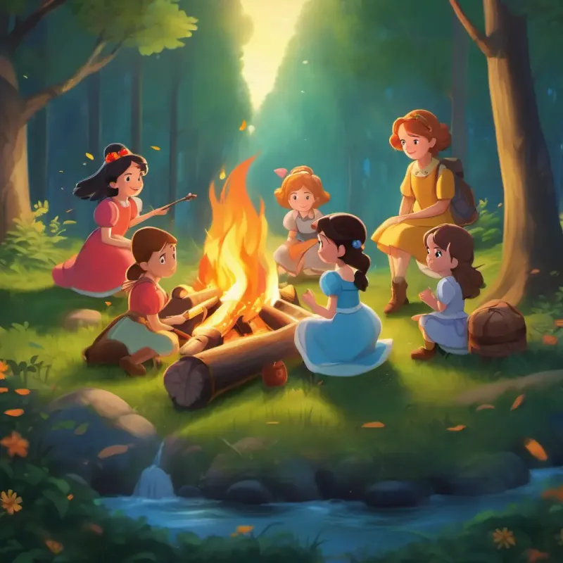 Princess and her friends have more fun and play in the forest, enjoying the beauty of nature and a campfire.