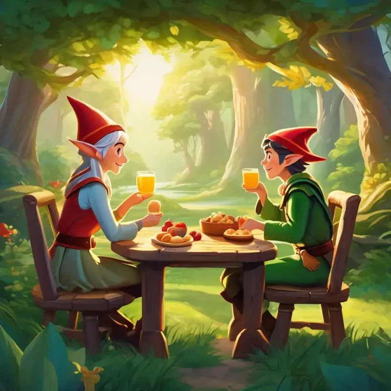 The adventure takes a peaceful turn as they embrace the kindness of elves and enjoy a special breakfast together.