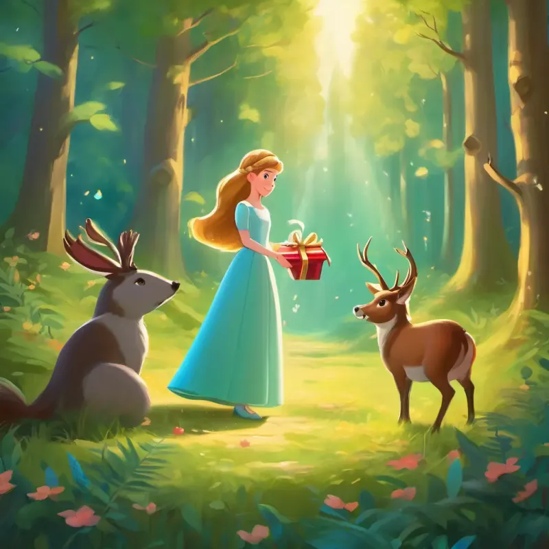 Princess receives special gifts from her new friends and leaves the forest with cherished memories.