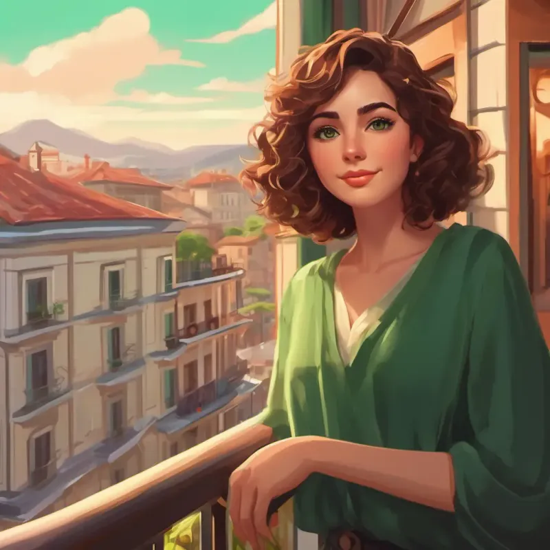 Short, curly brown hair, green eyes, ardent reader’s apartment balcony overlooking the town and shopping mall.