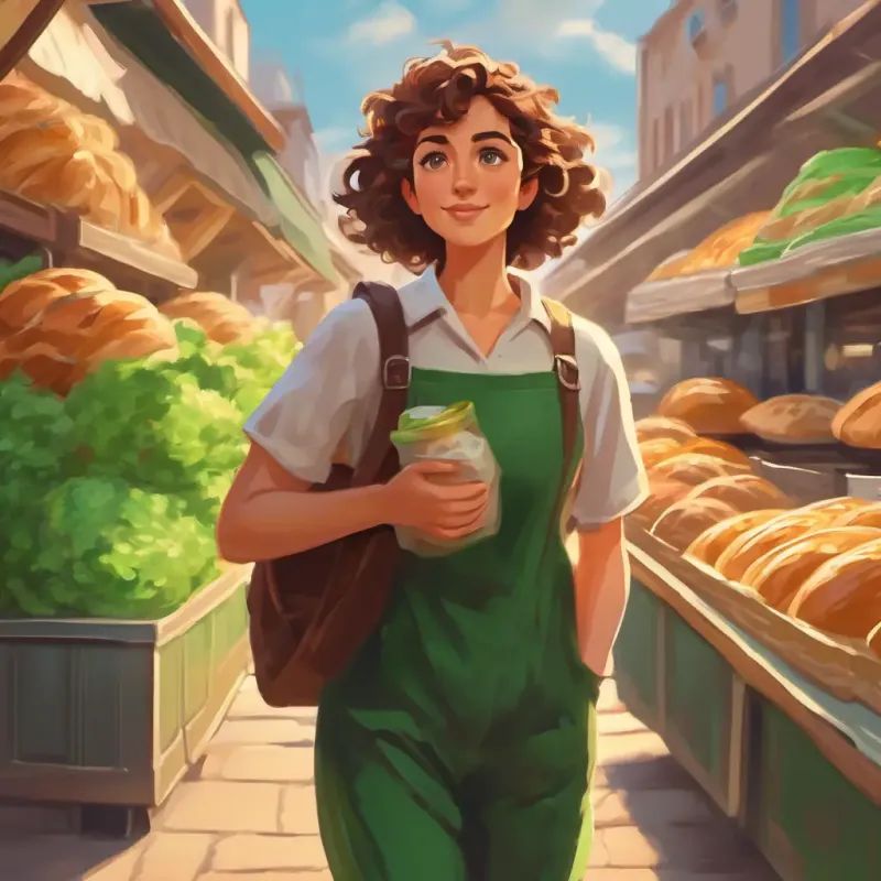Short, curly brown hair, green eyes, ardent reader walking to the southbound shop for bread.