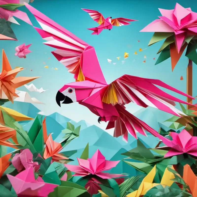 The visual shows a beautiful pink parrot flying and spreading joyful tunes in the vibrant, magical kingdom.