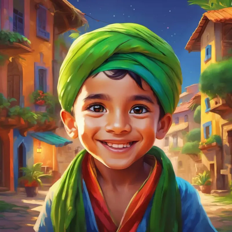 Introduction to Young boy with a kind smile, bright eyes, and a colorful turban, Playful parrot with vibrant green feathers and bright, twinkling eyes, and their village. Setting the scene for their playful adventures.
